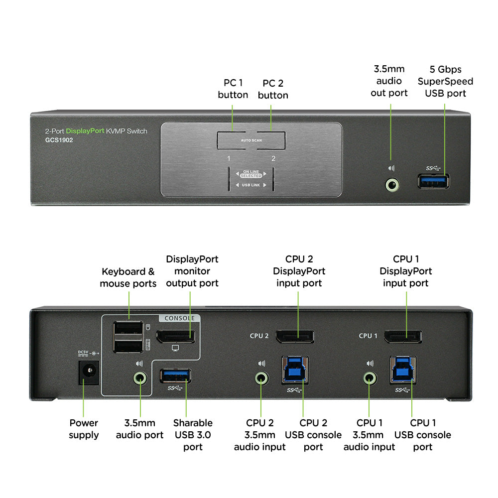 2-Port DisplayPort KVMP Switch with USB 3.0 Hub (TAA Compliant)