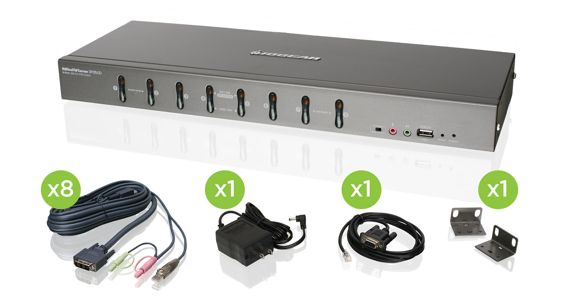 8-Port DVI KVMP Switch with VGA Support and USB KVM Cables
