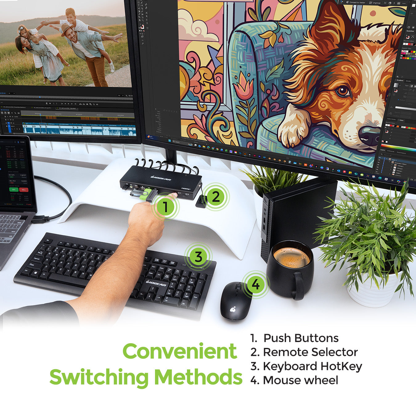 2-Port 4K Dual View KVM Switch with HDMI Connection, USB 2.0, and Audio