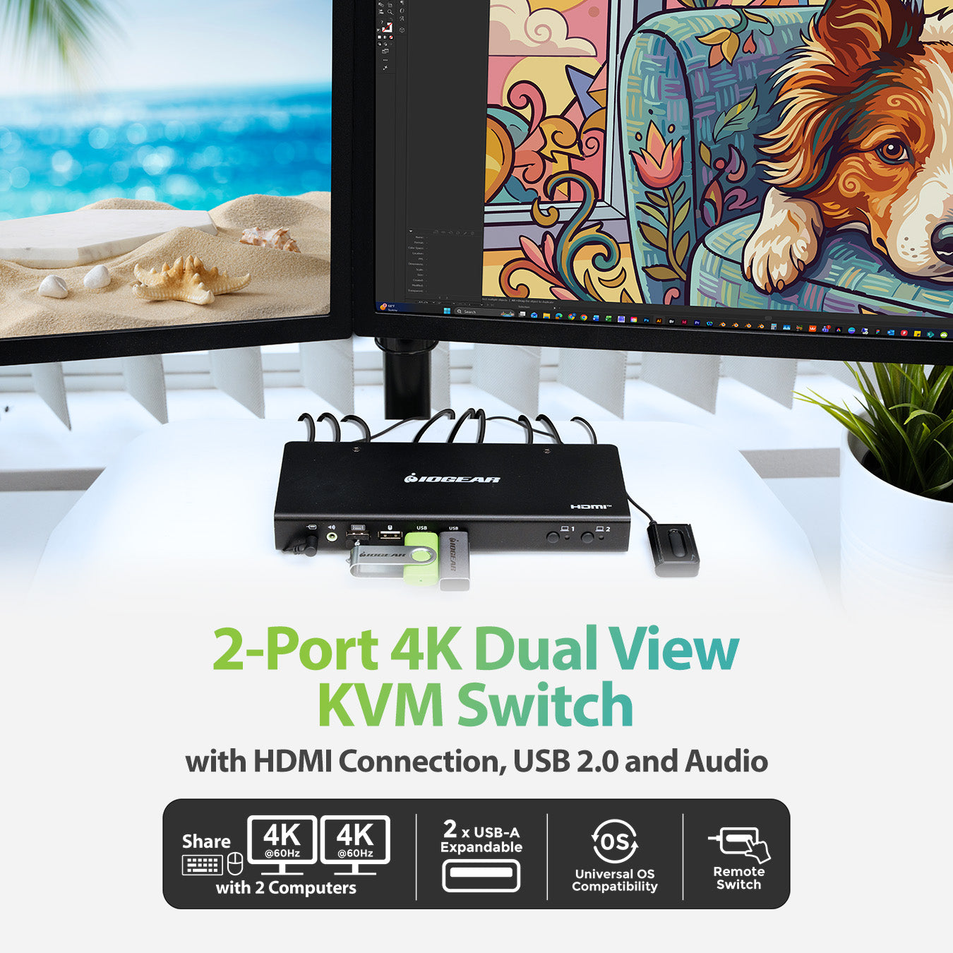 2-Port 4K Dual View KVM Switch with HDMI Connection, USB 2.0, and Audio
