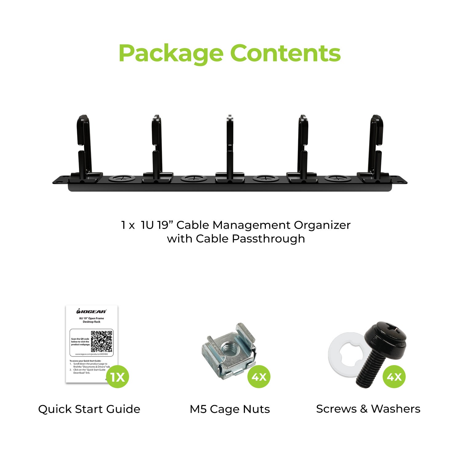 1U 19" Cable Management Organizer with Cable Passthrough