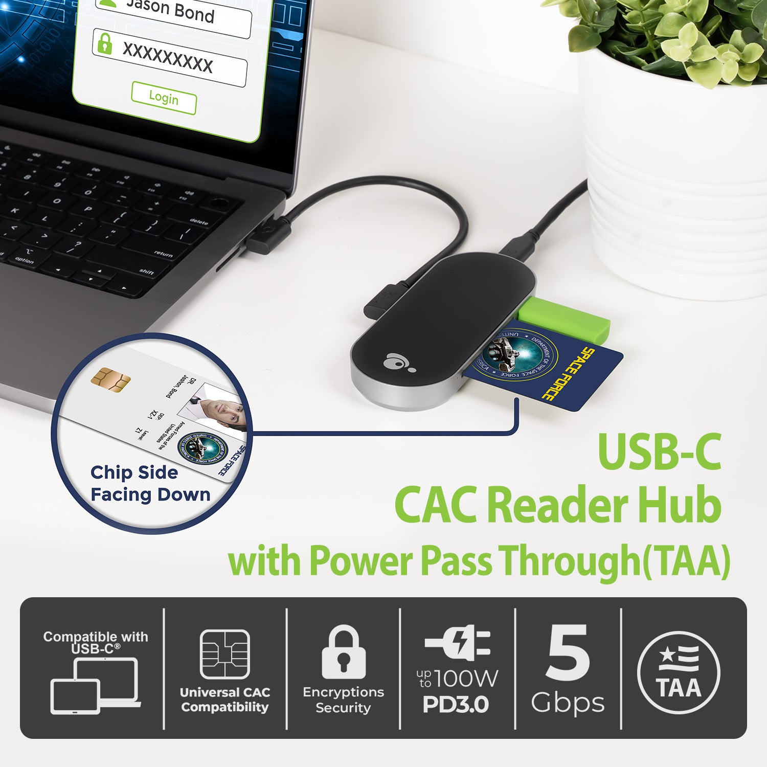 USB-C CAC Reader Hub with Power Pass Through(TAA)