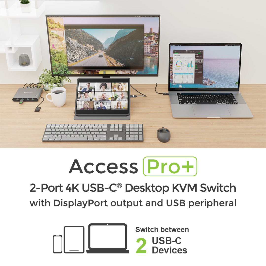 Access Pro+ 2-Port 4K USB-C Desktop KVM with DisplayPort output and USB peripheral (TAA)